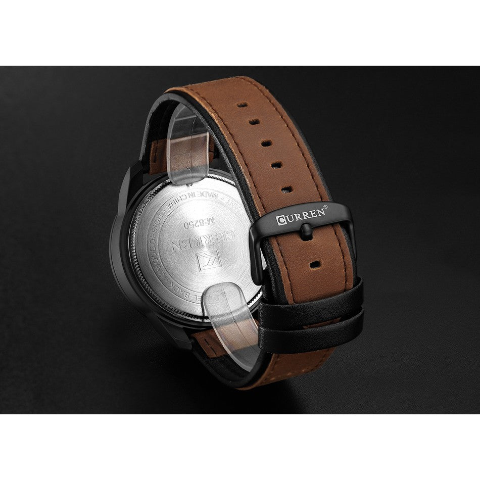 Curren 8250 – Reloj Vintage-Moderno de Cuero y Acero | botones laterales decorativos. No funcionales.
