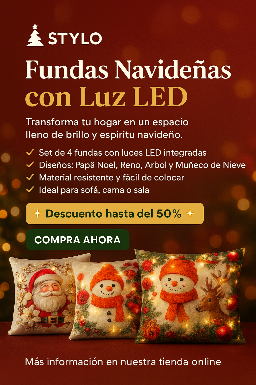 🎄 set x 4 Fundas Navideñas con Luces LED Integradas.✨ Ilumina tu hogar con el espíritu de la Navidad ✨