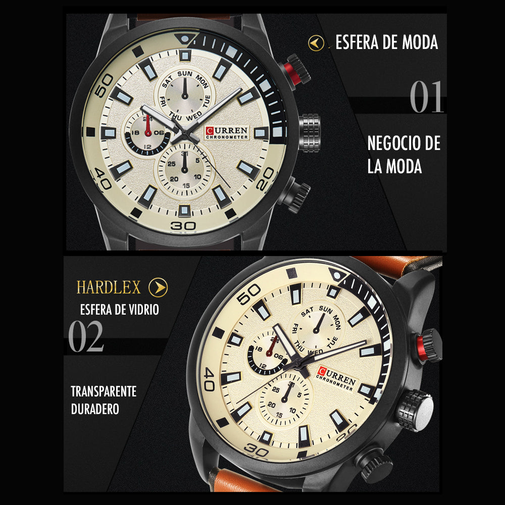 Curren 8250 – Reloj Vintage-Moderno de Cuero y Acero | botones laterales decorativos. No funcionales.