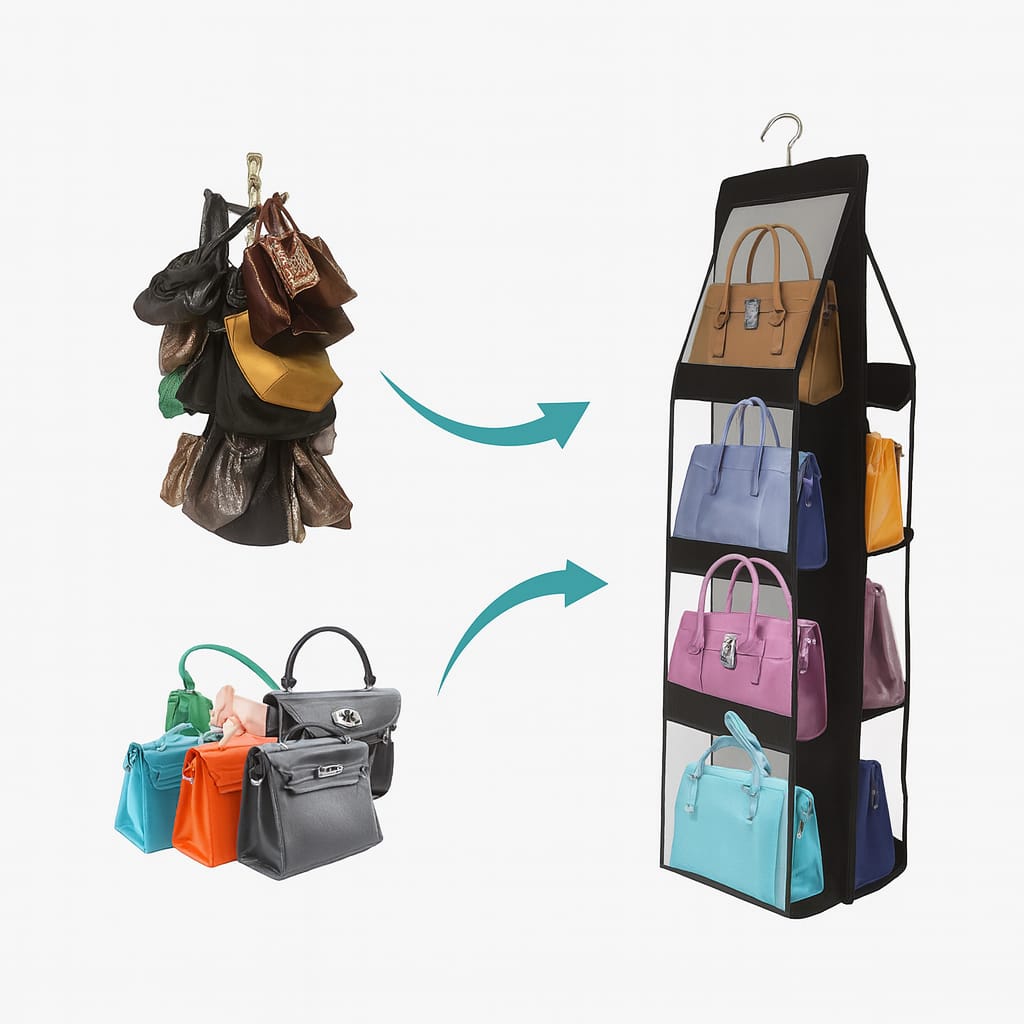 Organizador Colgante de Bolsos – Ordena tu closet en minutos y gana espacio sin esfuerzo.